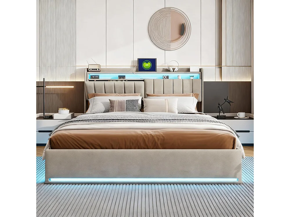 Lit adulte 140x200 cm avec sommier à latte, lit double 140x200 coffre rangement soldes, lit capitonné en tissu velours 140x200 cm - LED - USB - gris