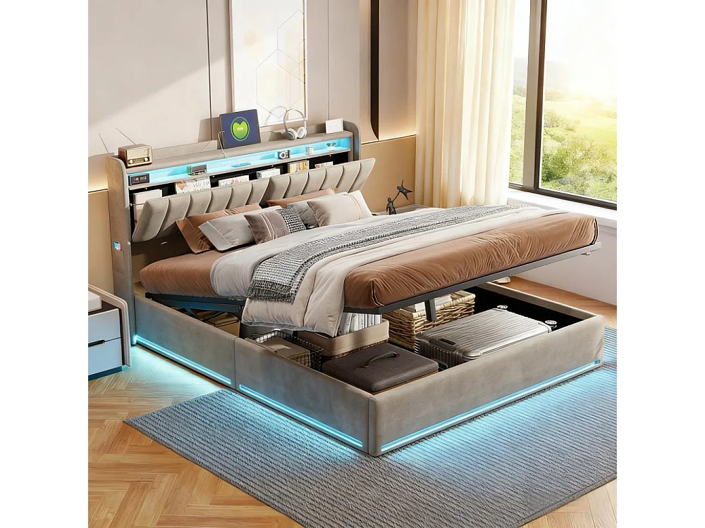 Lit adulte 140x200 cm avec sommier à latte, lit double 140x200 coffre rangement soldes, lit capitonné en tissu velours 140x200 cm - LED - USB - gris