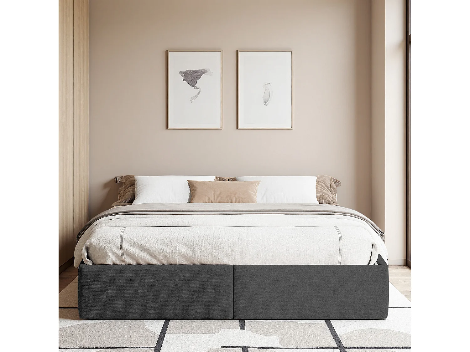 Lit double 160x200 cm - Lit adulte avec 2 tiroirs de rangement, LED intégrée et port USB - sommier à lattes - tissu en lin gris