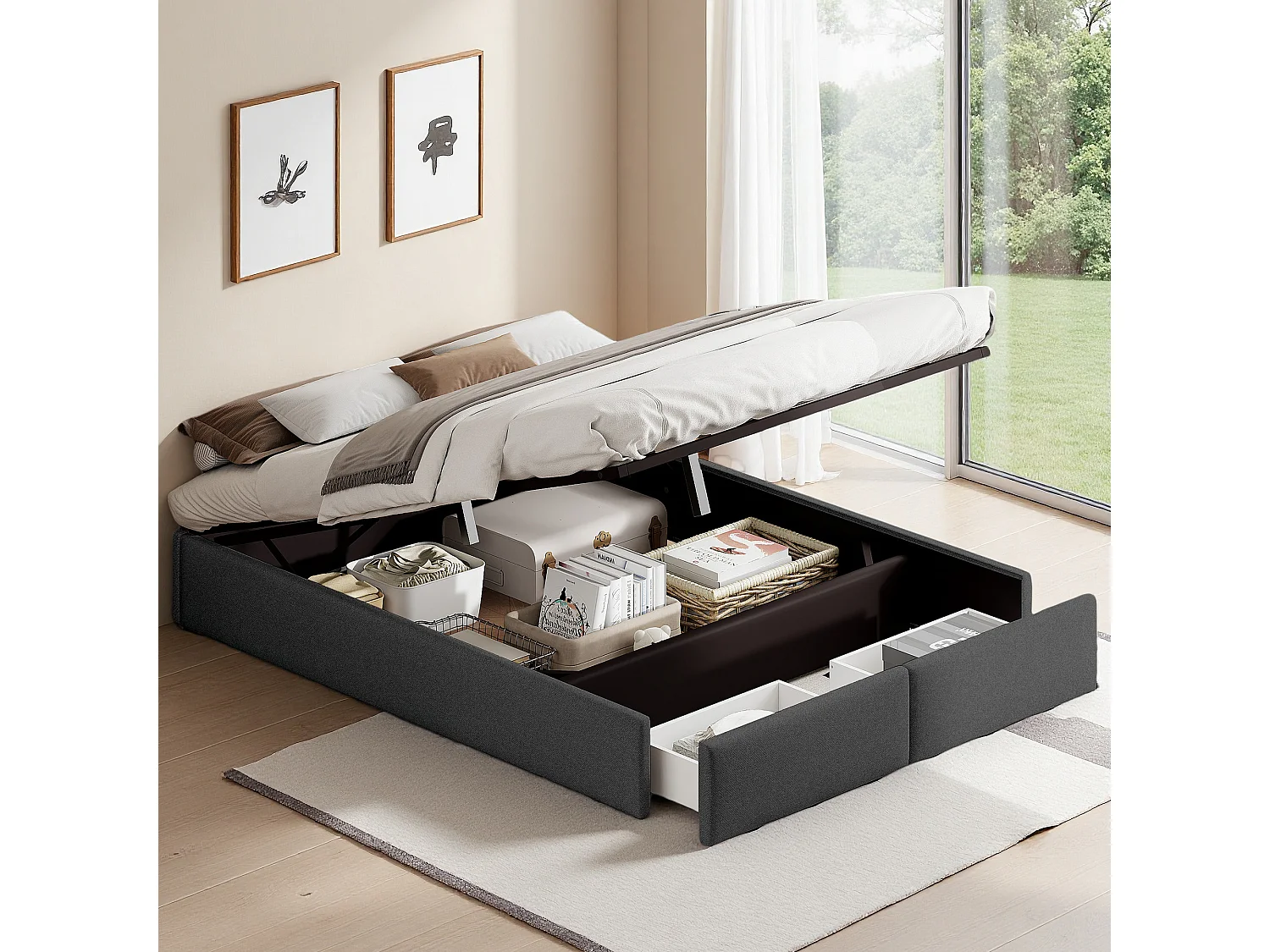 Lit double 160x200 cm - Lit adulte avec 2 tiroirs de rangement, LED intégrée et port USB - sommier à lattes - tissu en lin gris