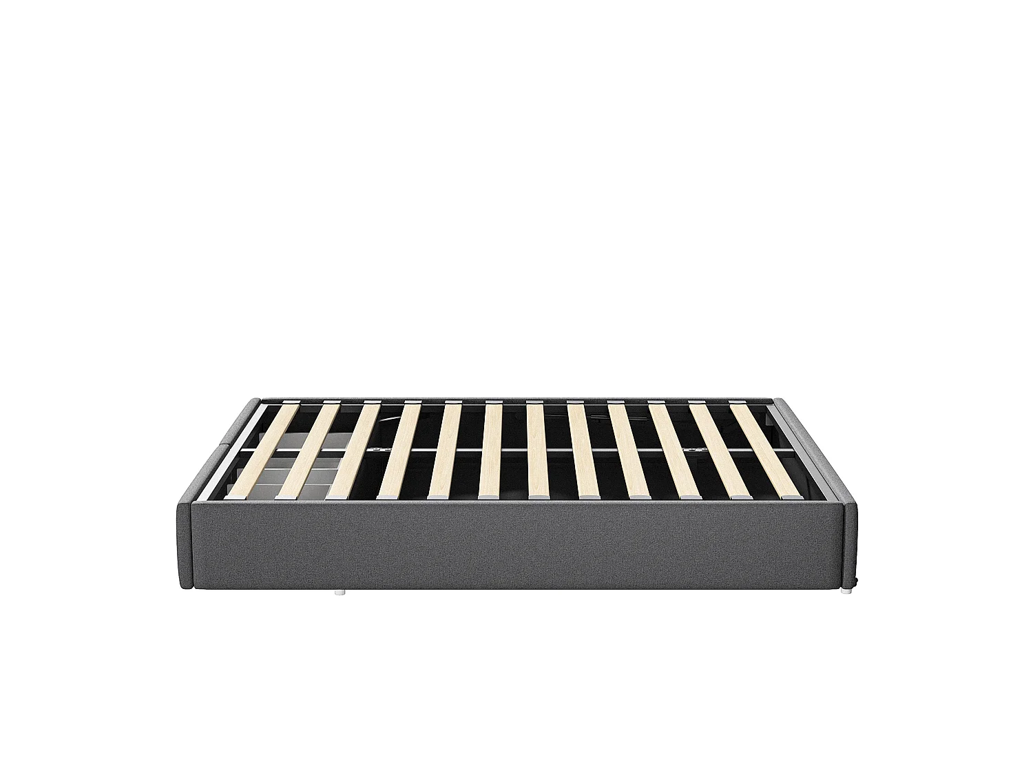 Lit double 160x200 cm - Lit adulte avec 2 tiroirs de rangement, LED intégrée et port USB - sommier à lattes - tissu en lin gris