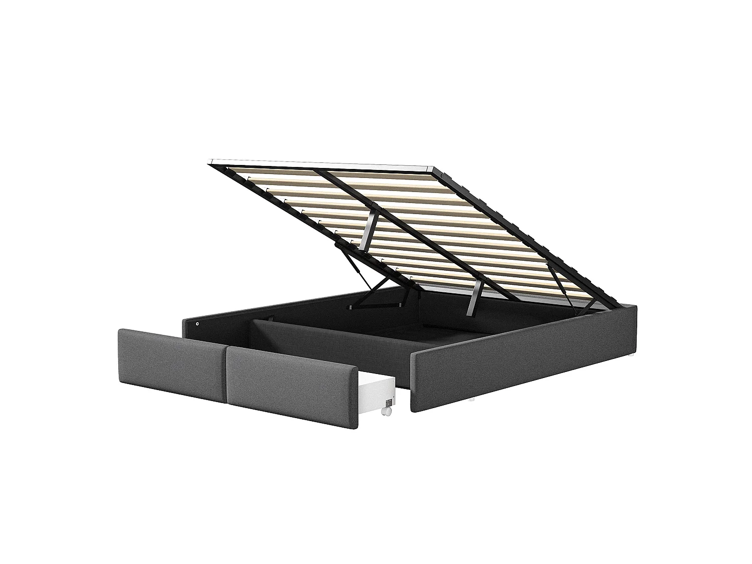 Lit double 160x200 cm - Lit adulte avec 2 tiroirs de rangement, LED intégrée et port USB - sommier à lattes - tissu en lin gris