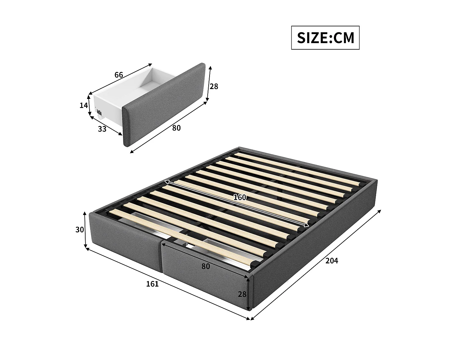 Lit double 160x200 cm - Lit adulte avec 2 tiroirs de rangement, LED intégrée et port USB - sommier à lattes - tissu en lin gris