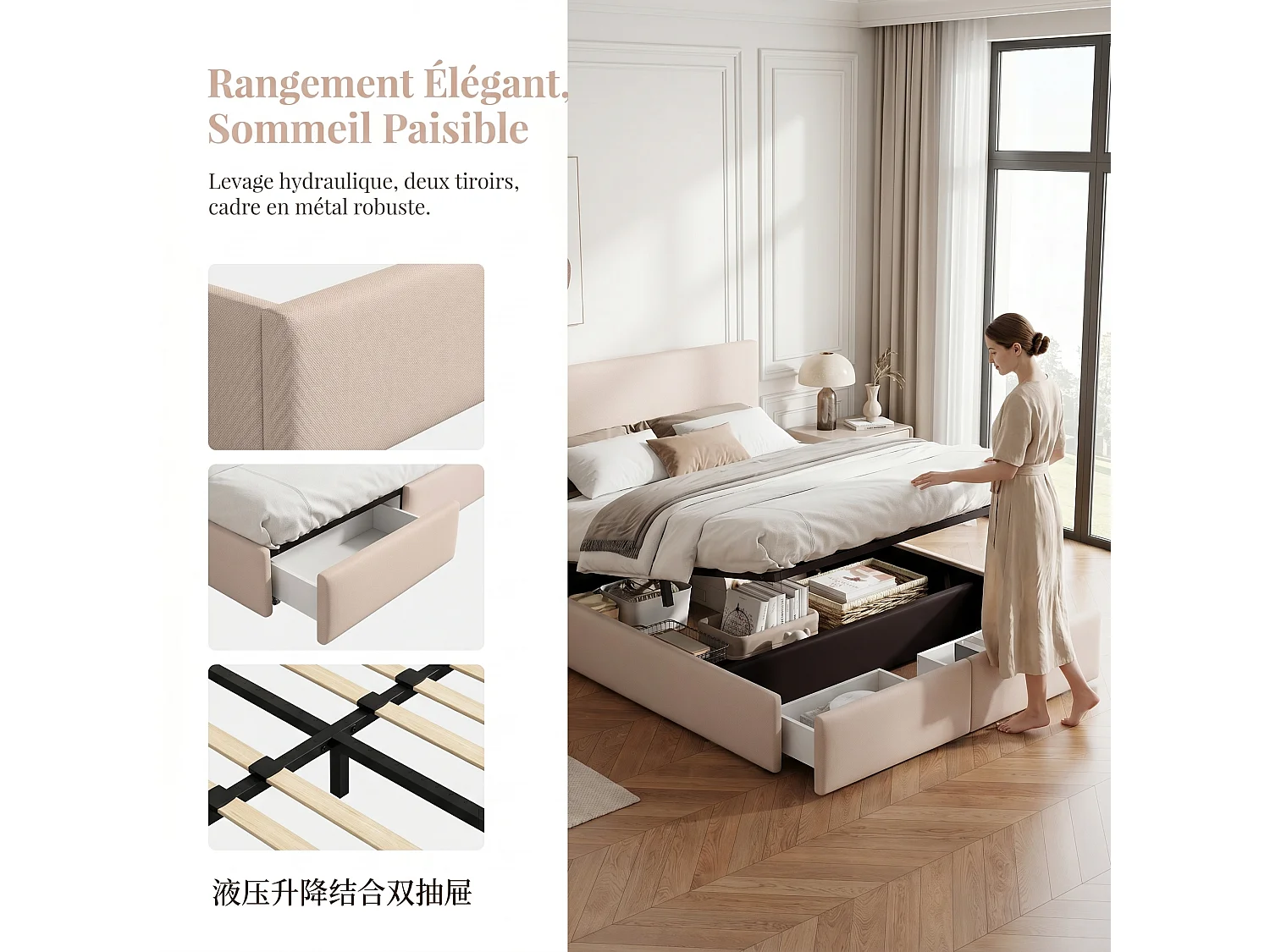 Lit double 160x200 cm - Lit adulte avec 2 tiroirs de rangement, LED intégrée et port USB - sommier à lattes - tissu en lin gris