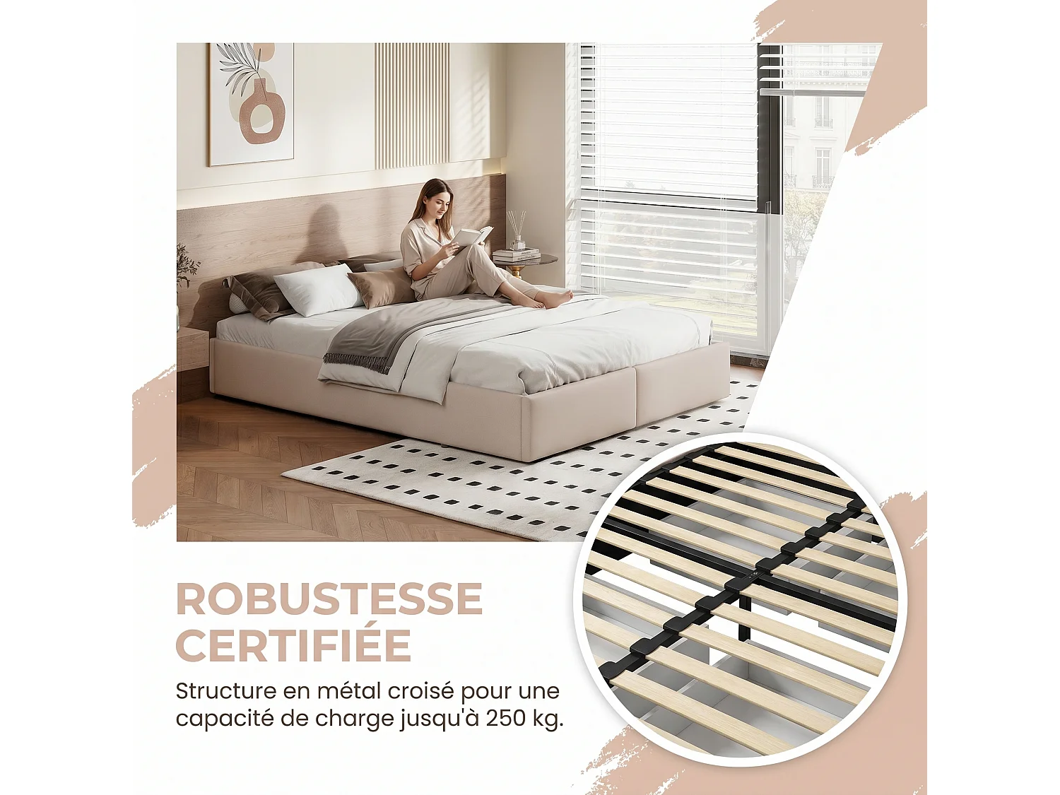 Lit double 160x200 cm - Lit adulte avec 2 tiroirs de rangement, LED intégrée et port USB - sommier à lattes - tissu en lin gris