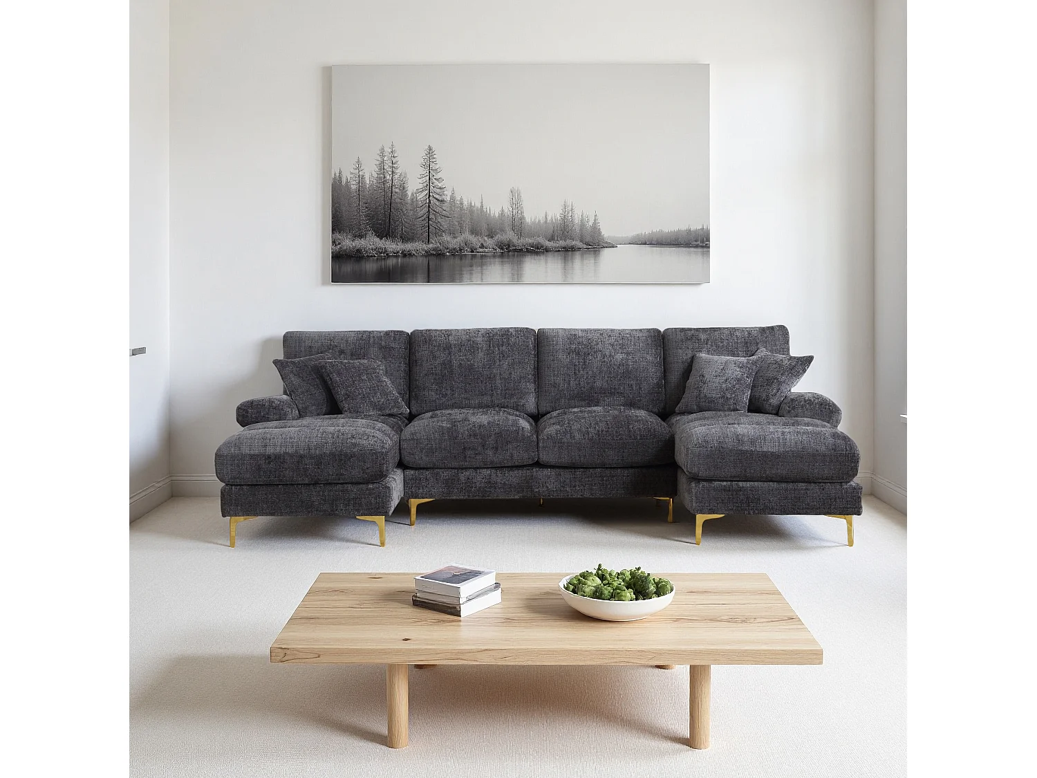 Canapé d'angle moderne en U en chenille avec deux assises，Canapé panoramique， - 4 places - gris