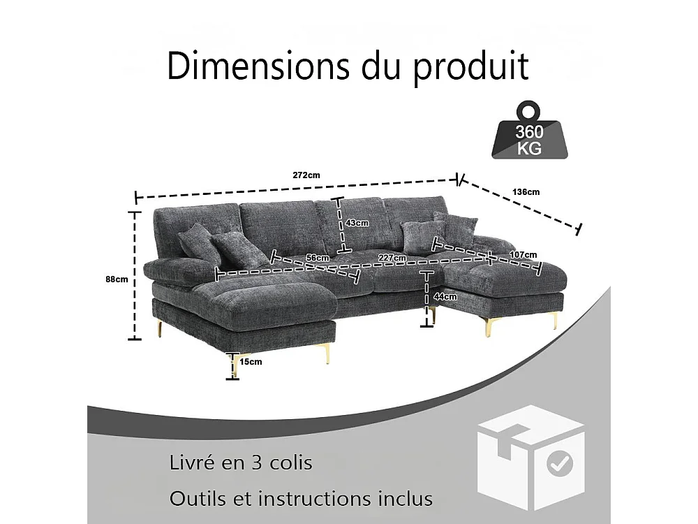 Canapé d'angle moderne en U en chenille avec deux assises，Canapé panoramique， - 4 places - gris