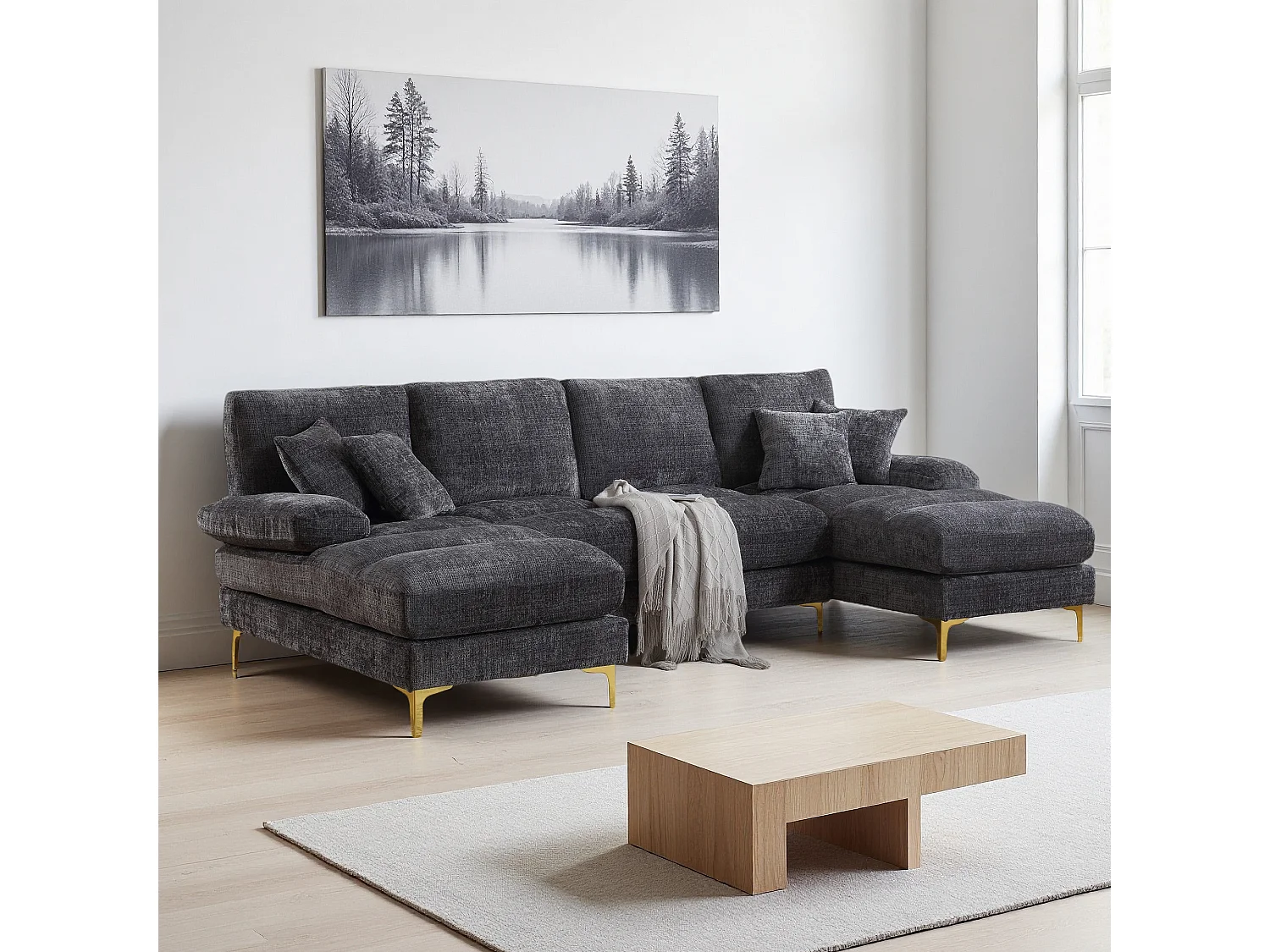 Canapé d'angle moderne en U en chenille avec deux assises，Canapé panoramique， - 4 places - gris