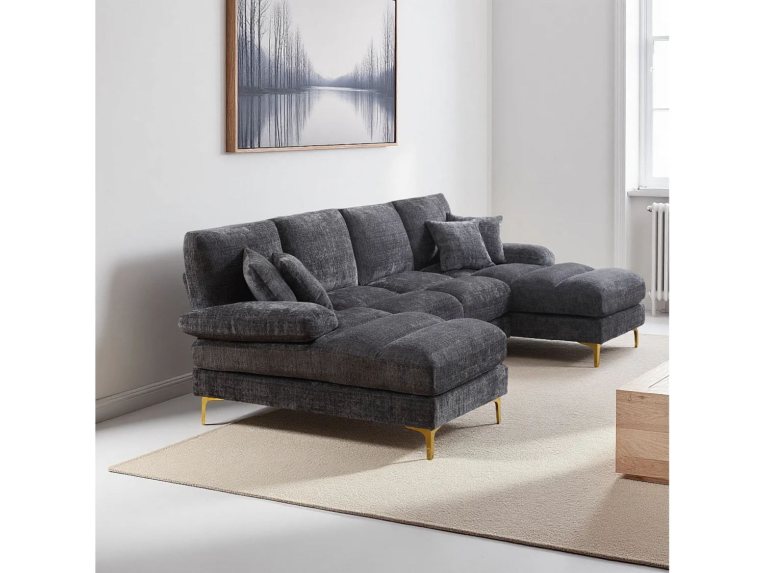 Canapé d'angle moderne en U en chenille avec deux assises，Canapé panoramique， - 4 places - gris