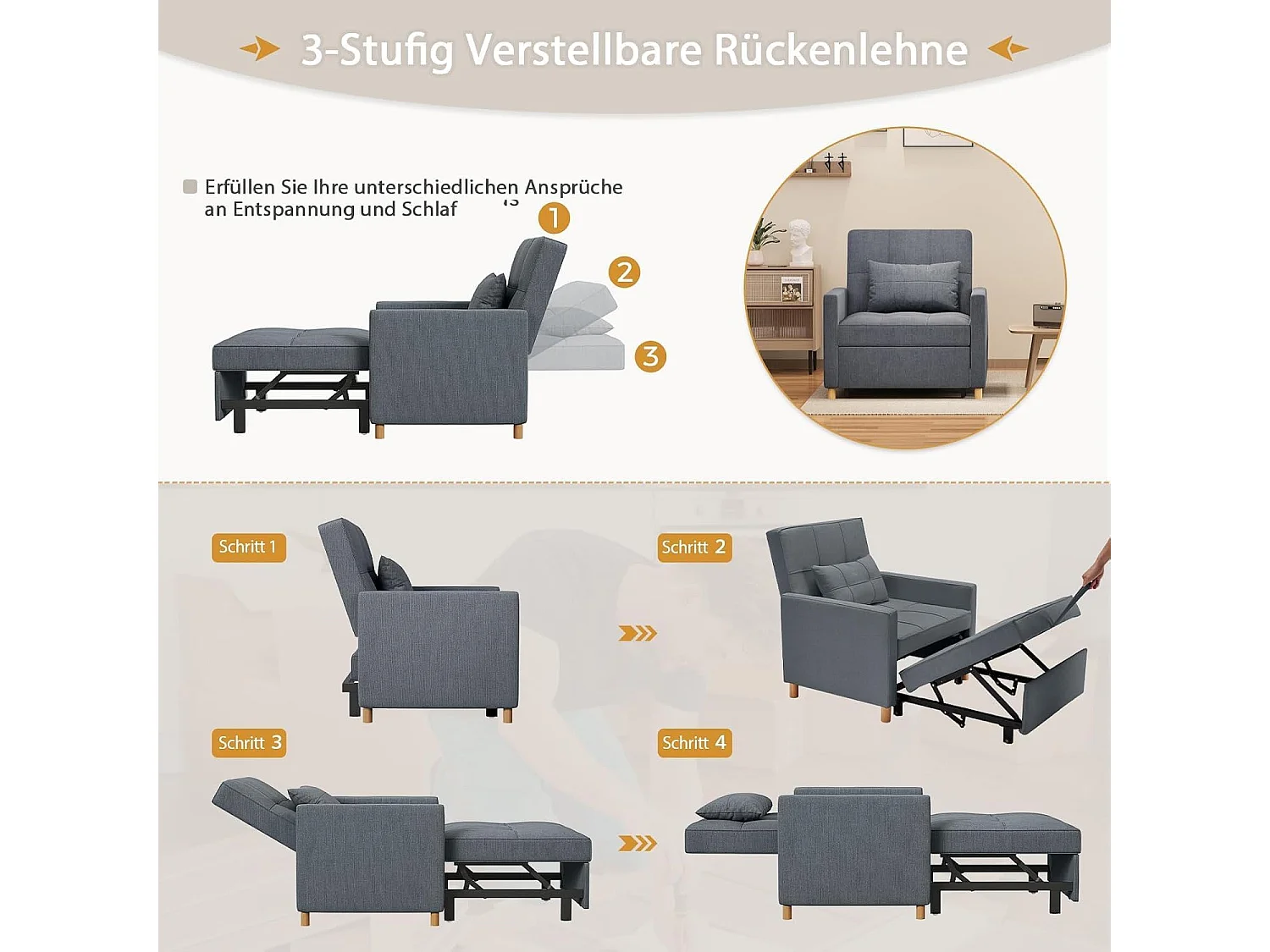 YODOLLA Einzel-Sofa, Bett, Stuhl, 3-in-1-Sessel, wandelbar, verstellbare Stühle, Bett für kleine Räume mit Seitentasche, Dunkelgrau