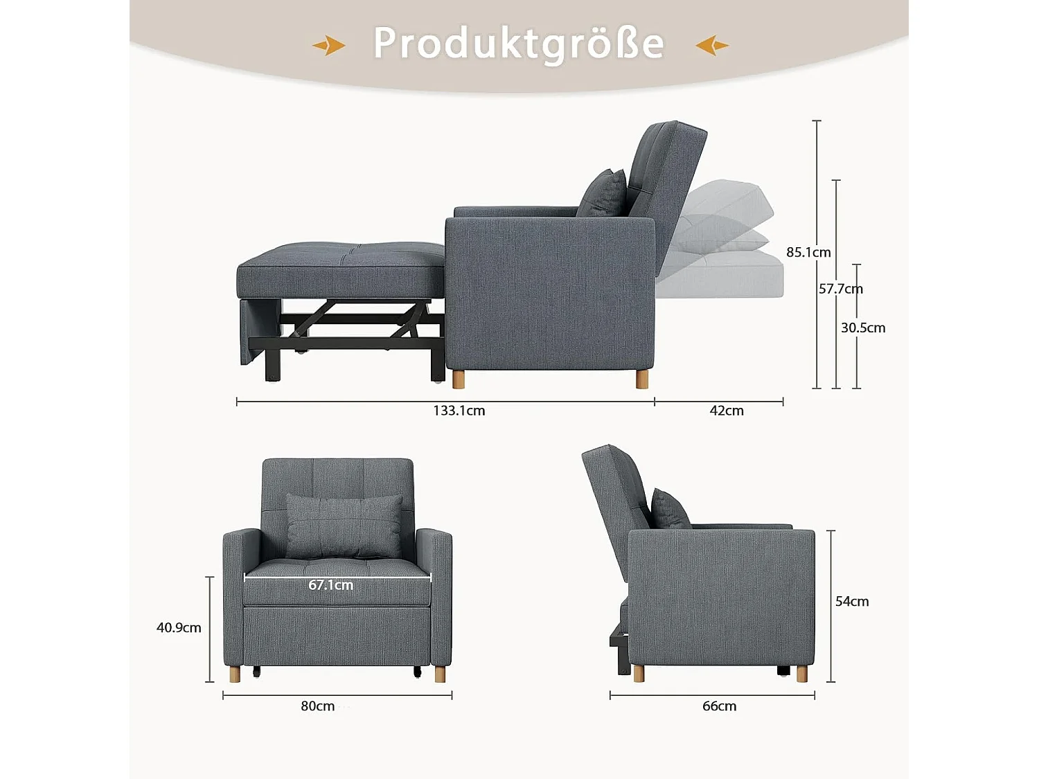 YODOLLA Einzel-Sofa, Bett, Stuhl, 3-in-1-Sessel, wandelbar, verstellbare Stühle, Bett für kleine Räume mit Seitentasche, Dunkelgrau