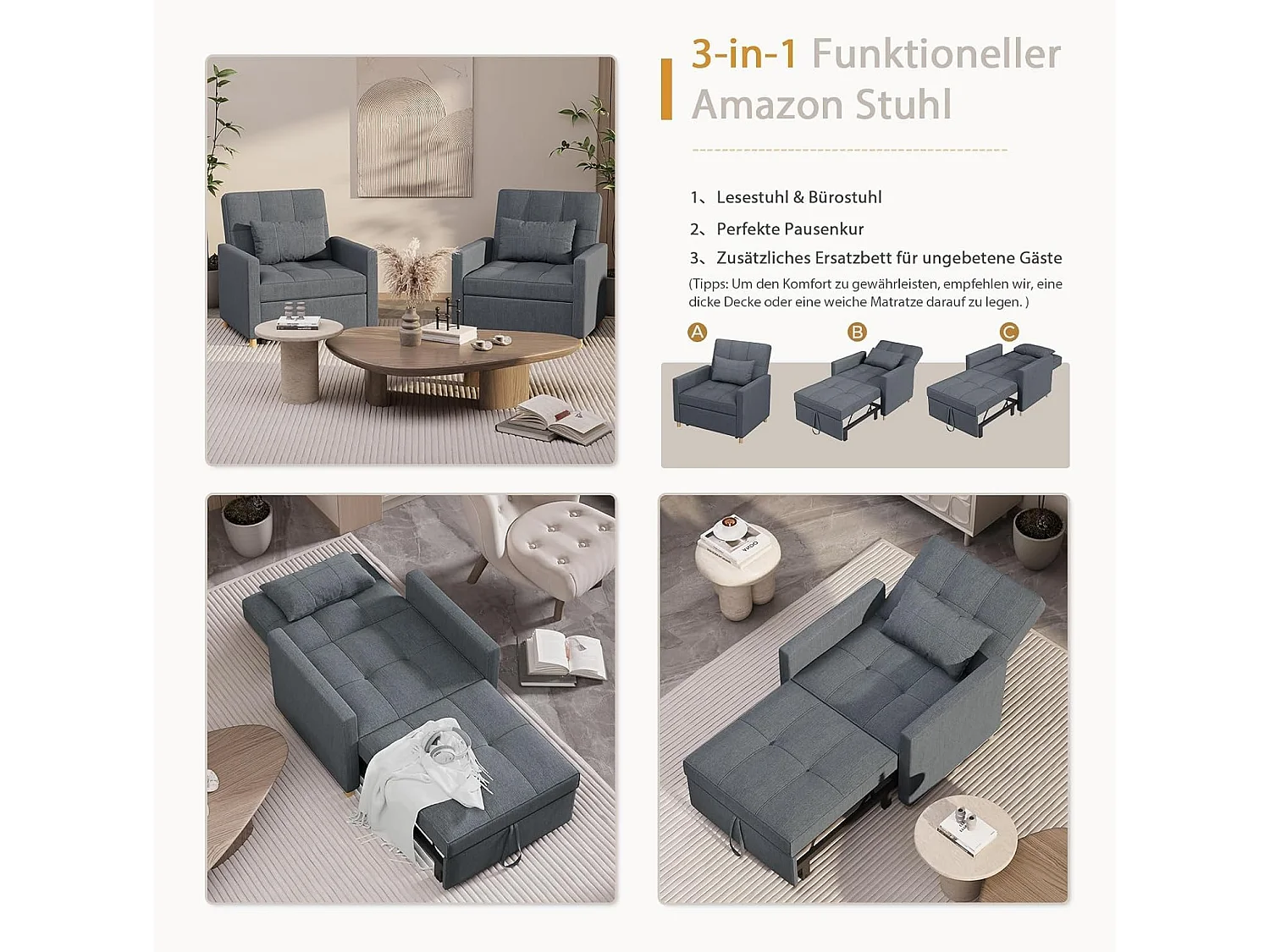 YODOLLA Einzel-Sofa, Bett, Stuhl, 3-in-1-Sessel, wandelbar, verstellbare Stühle, Bett für kleine Räume mit Seitentasche, Dunkelgrau