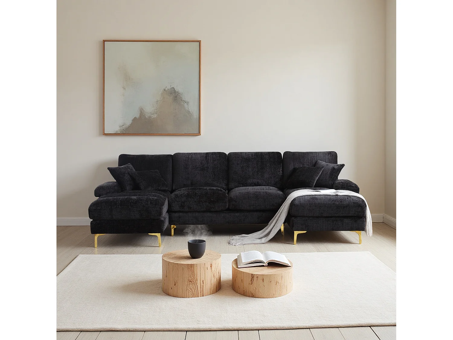 Canapé d'angle moderne en U en chenille avec deux assises，Canapé panoramique， - 4 places - Noir