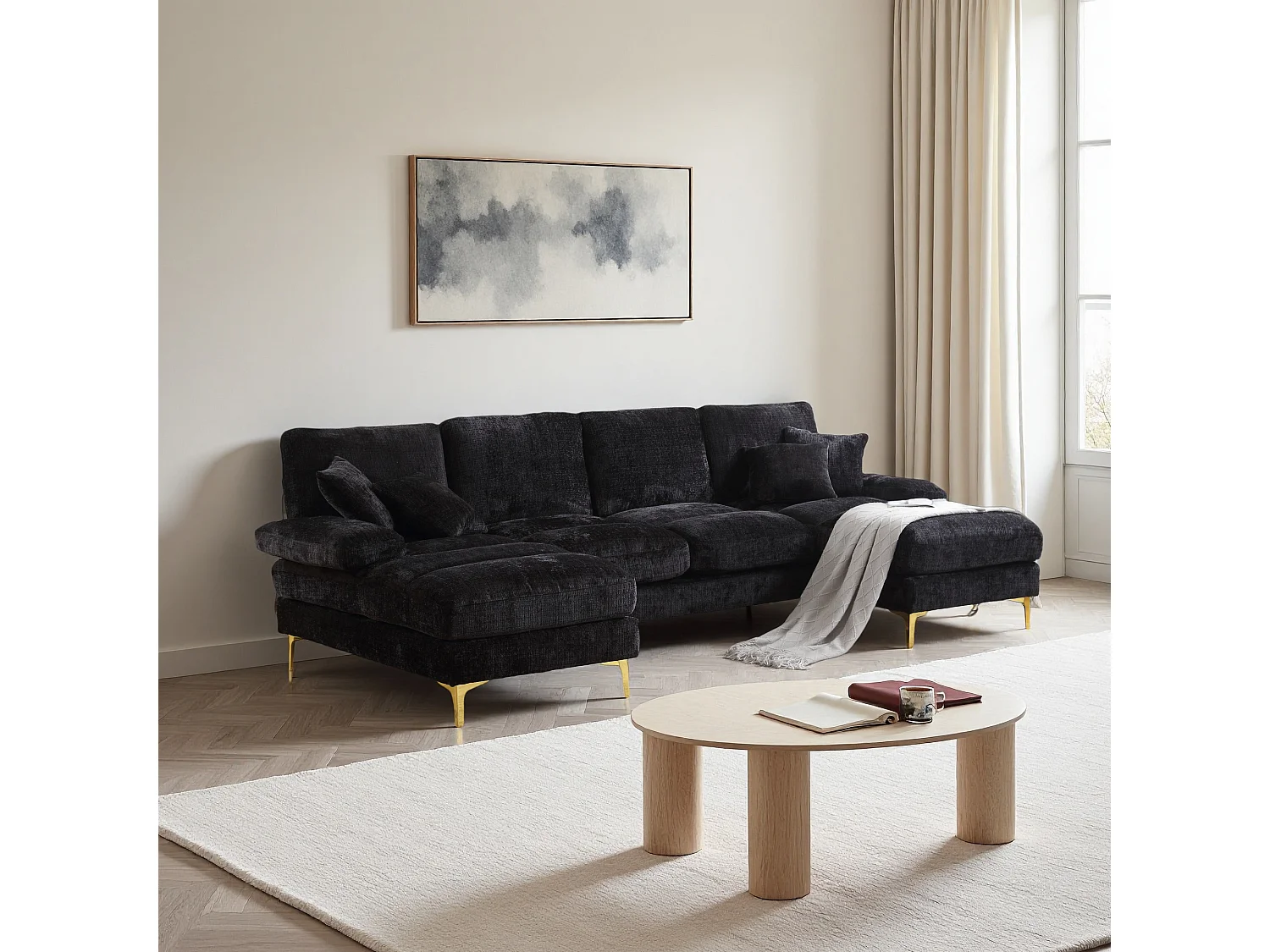 Canapé d'angle moderne en U en chenille avec deux assises，Canapé panoramique， - 4 places - Noir