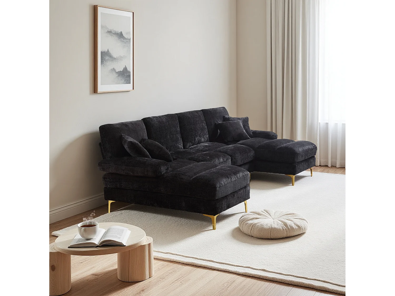 Canapé d'angle moderne en U en chenille avec deux assises，Canapé panoramique， - 4 places - Noir