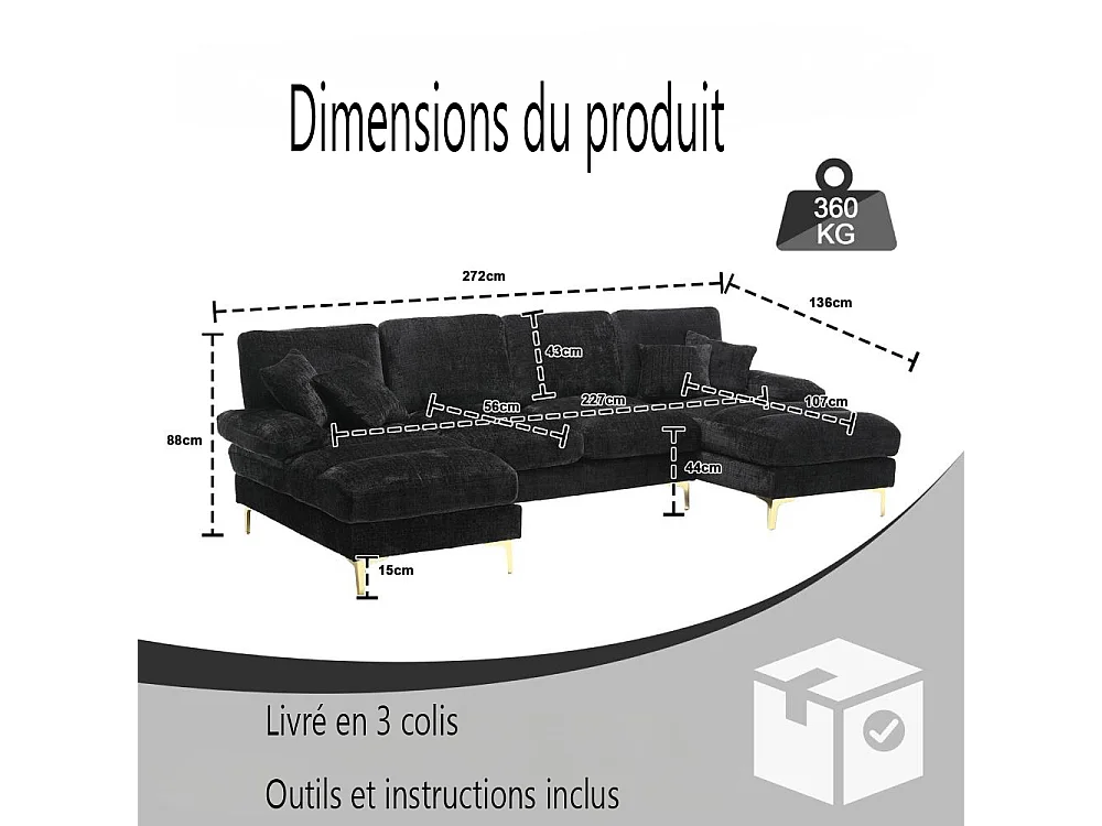 Canapé d'angle moderne en U en chenille avec deux assises，Canapé panoramique， - 4 places - Noir