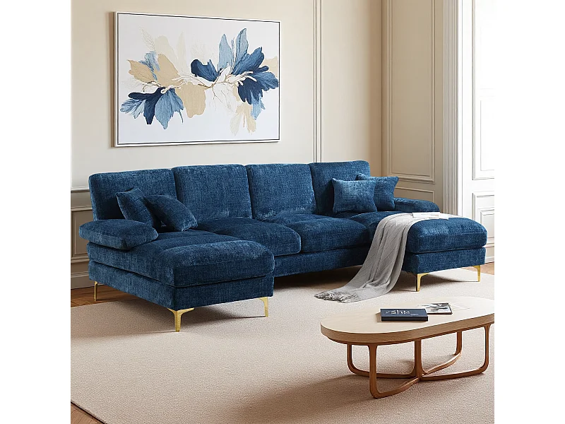 Canapé d'angle moderne en U en chenille avec deux assises，Canapé panoramique， - 4 places -  bleu