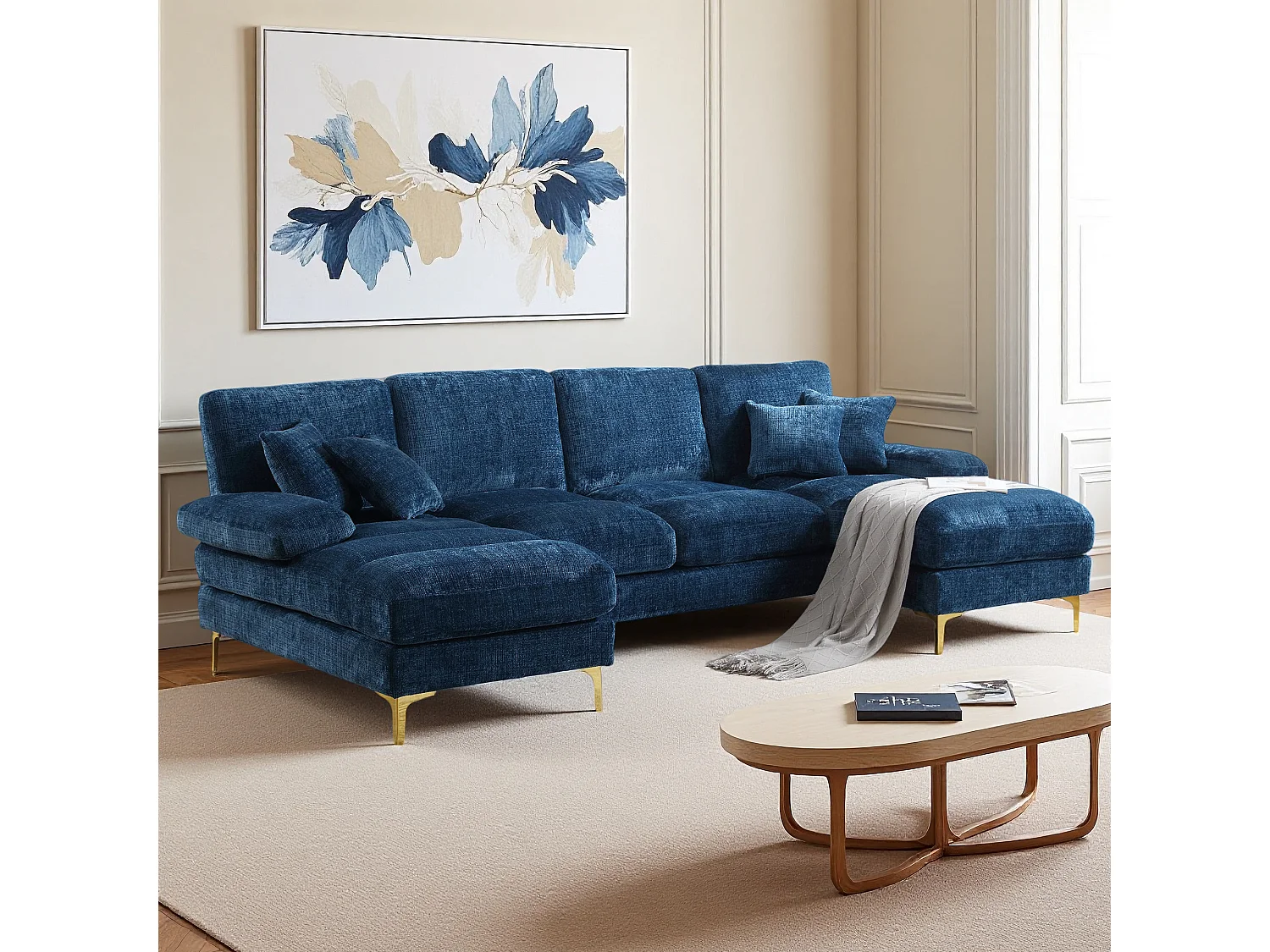 Canapé d'angle moderne en U en chenille avec deux assises，Canapé panoramique， - 4 places -  bleu