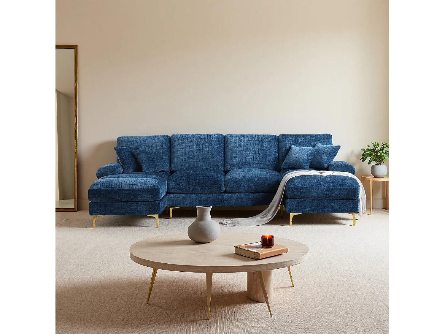 Canapé d'angle moderne en U en chenille avec deux assises，Canapé panoramique， - 4 places -  bleu