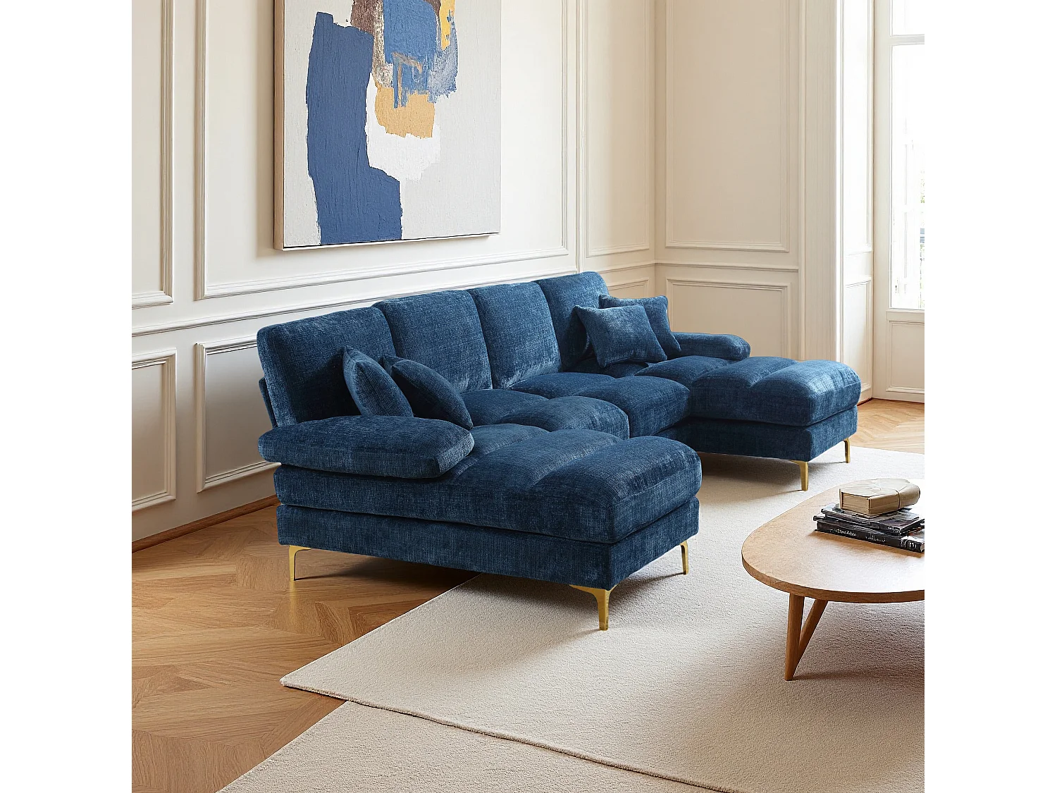 Canapé d'angle moderne en U en chenille avec deux assises，Canapé panoramique， - 4 places -  bleu