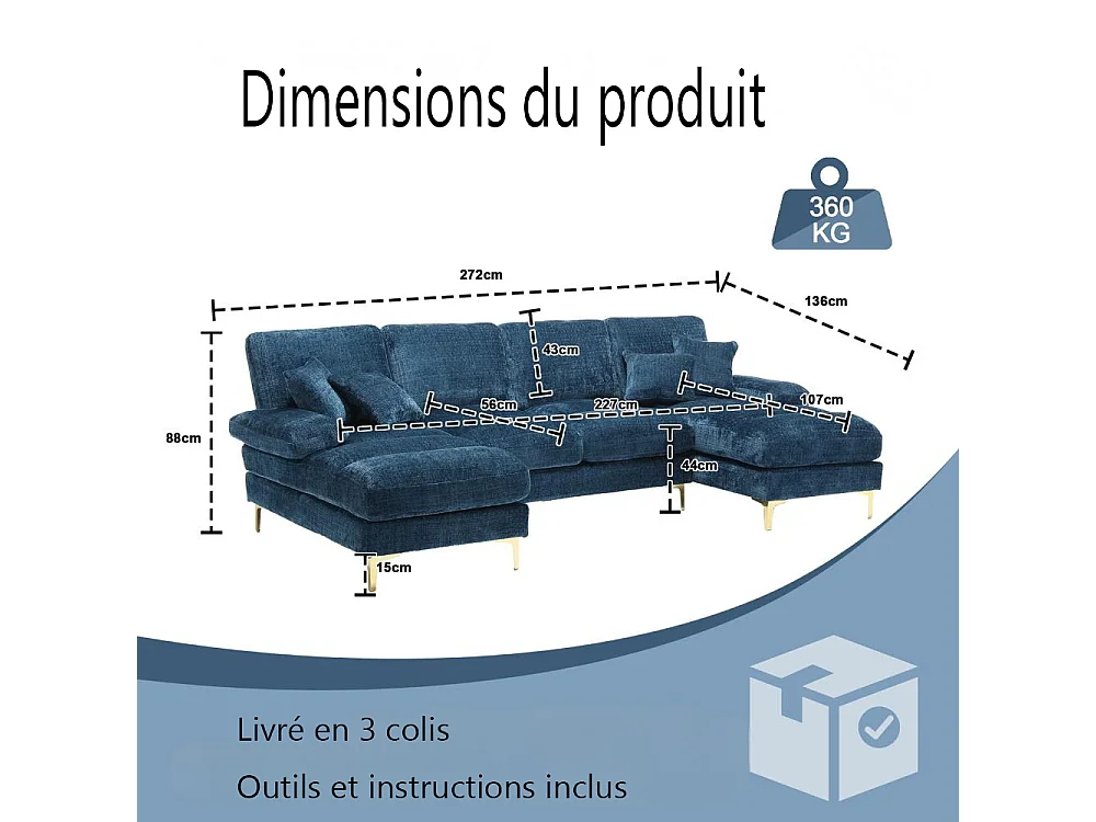 Canapé d'angle moderne en U en chenille avec deux assises，Canapé panoramique， - 4 places -  bleu
