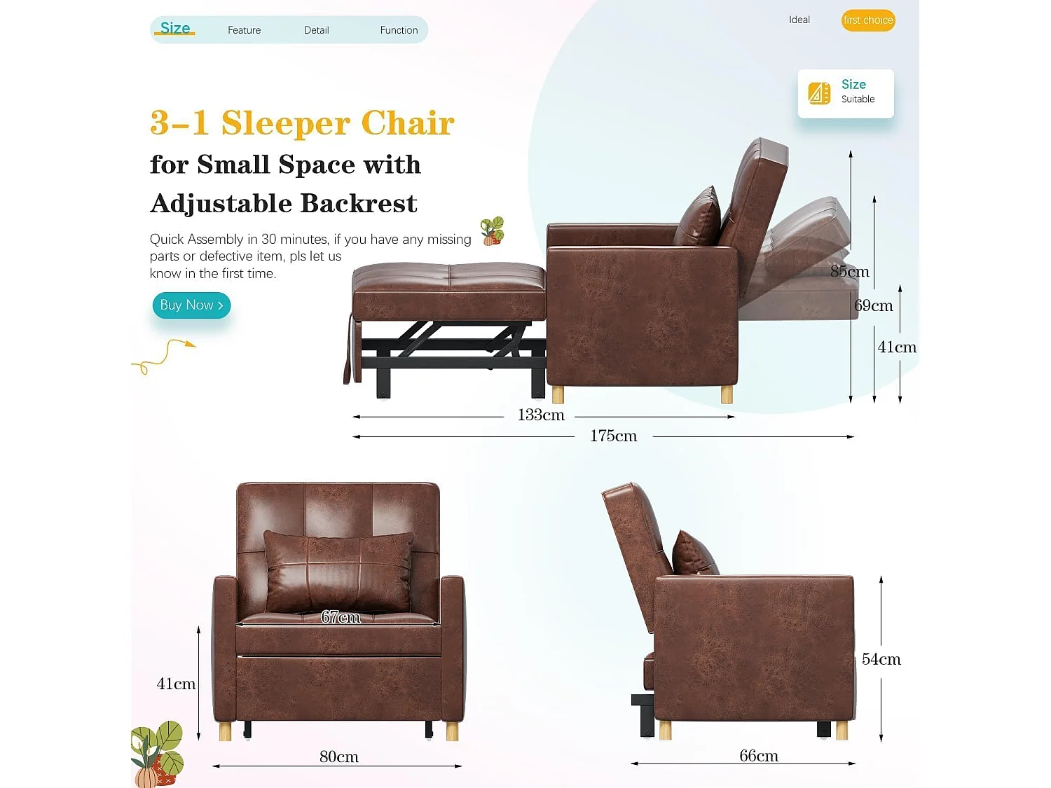 YODOLLA Einzel-Sofa, Bett, Stuhl, 3-in-1-Sessel, wandelbar, verstellbare Stühle, Bett für kleine Räume mit Seitentasche, Braun