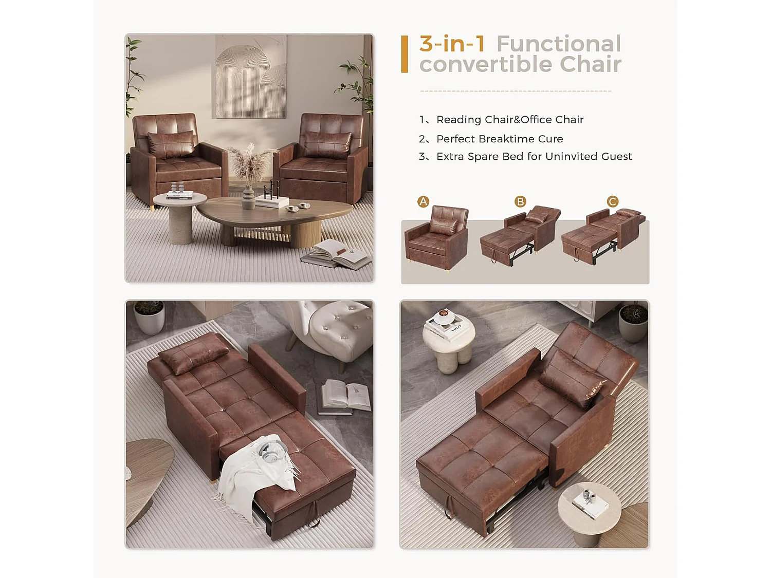 YODOLLA Einzel-Sofa, Bett, Stuhl, 3-in-1-Sessel, wandelbar, verstellbare Stühle, Bett für kleine Räume mit Seitentasche, Braun