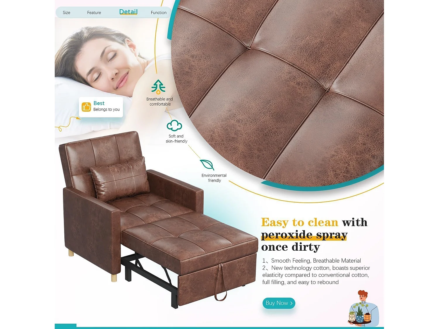 YODOLLA Einzel-Sofa, Bett, Stuhl, 3-in-1-Sessel, wandelbar, verstellbare Stühle, Bett für kleine Räume mit Seitentasche, Braun