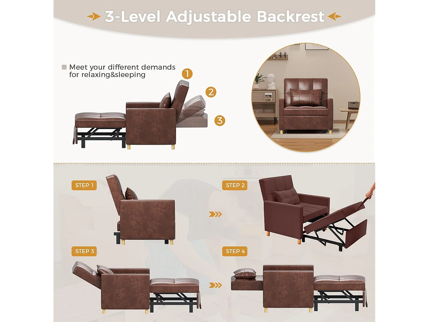 YODOLLA Einzel-Sofa, Bett, Stuhl, 3-in-1-Sessel, wandelbar, verstellbare Stühle, Bett für kleine Räume mit Seitentasche, Braun