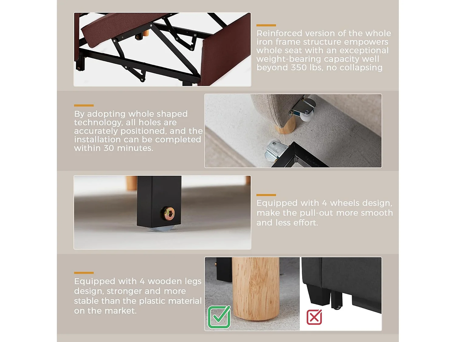 YODOLLA Einzel-Sofa, Bett, Stuhl, 3-in-1-Sessel, wandelbar, verstellbare Stühle, Bett für kleine Räume mit Seitentasche, Braun