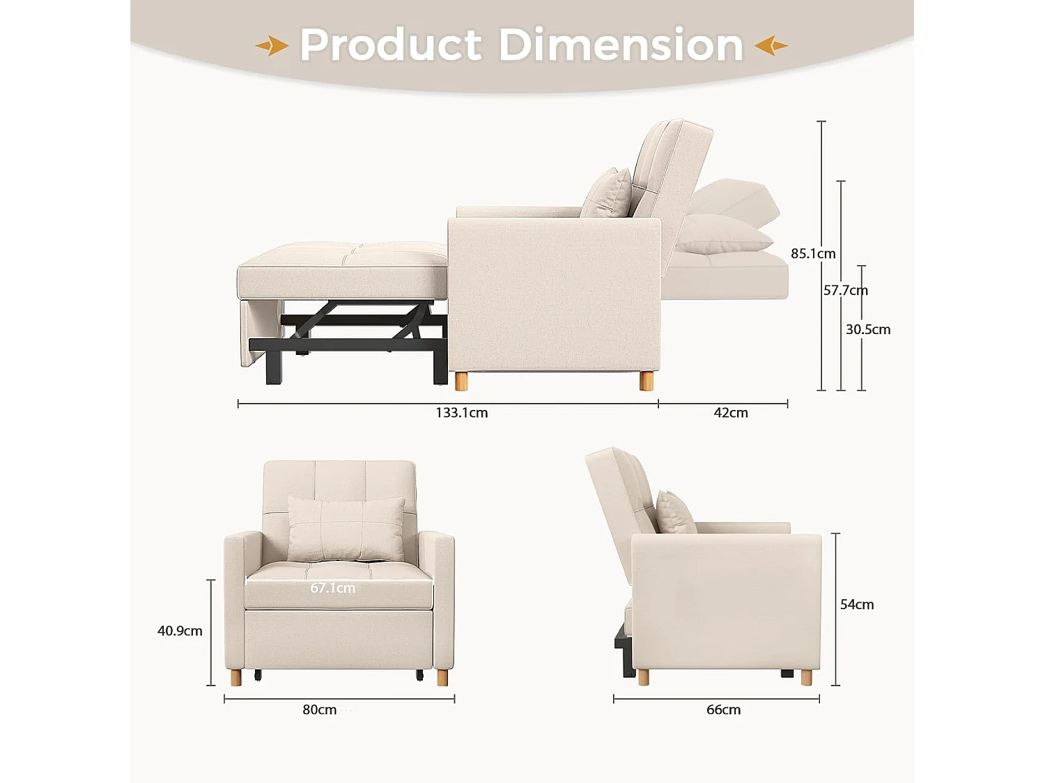 YODOLLA Einzel-Sofa, Bett, Stuhl, 3-in-1-Sessel, wandelbar, verstellbare Stühle, Bett für kleine Räume mit Seitentasche,Beige