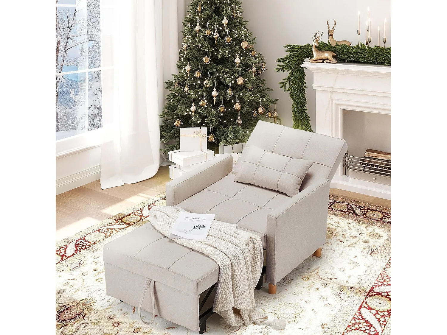 YODOLLA Einzel-Sofa, Bett, Stuhl, 3-in-1-Sessel, wandelbar, verstellbare Stühle, Bett für kleine Räume mit Seitentasche,Beige