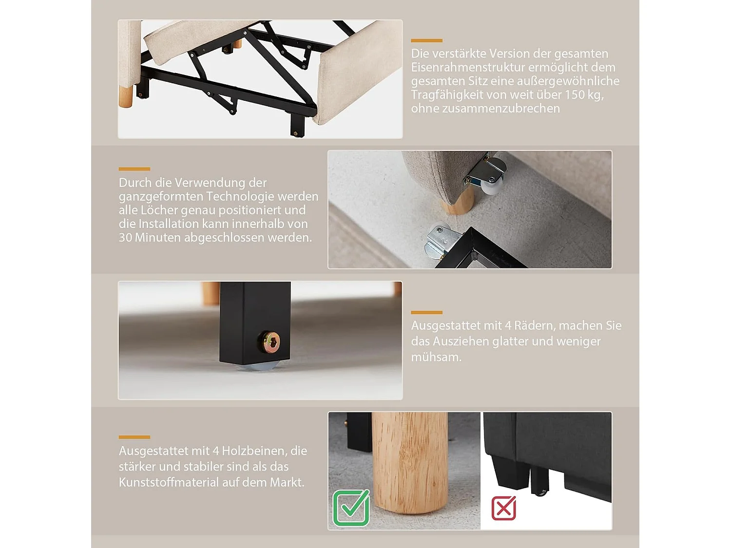 YODOLLA Einzel-Sofa, Bett, Stuhl, 3-in-1-Sessel, wandelbar, verstellbare Stühle, Bett für kleine Räume mit Seitentasche,Beige