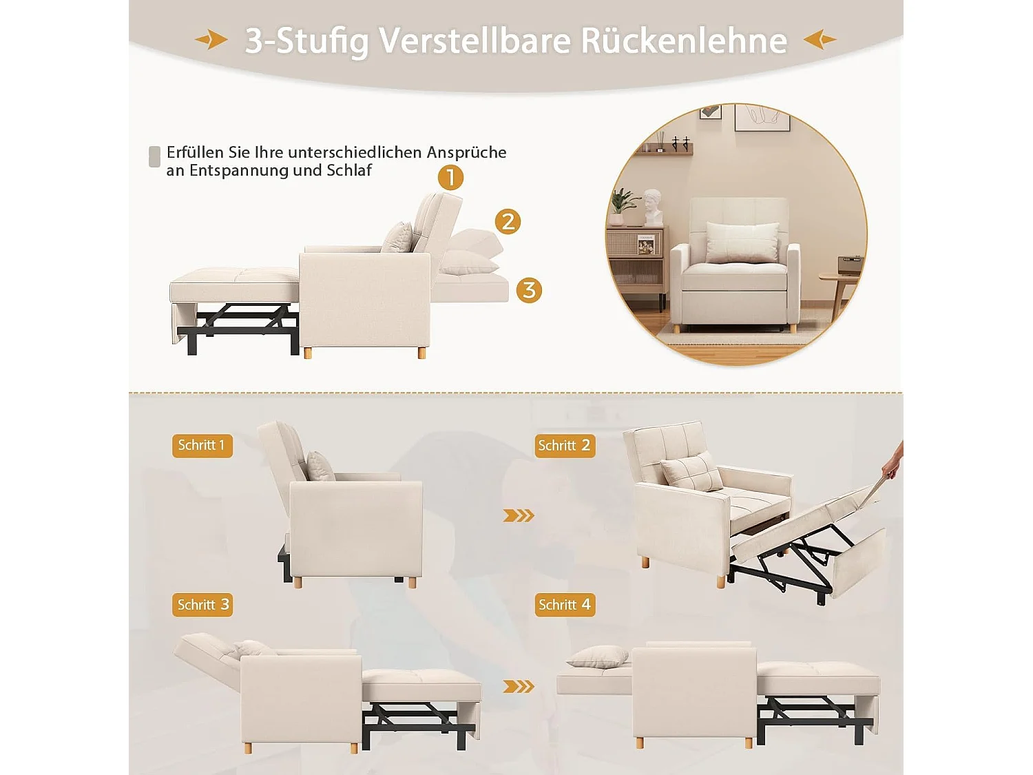 YODOLLA Einzel-Sofa, Bett, Stuhl, 3-in-1-Sessel, wandelbar, verstellbare Stühle, Bett für kleine Räume mit Seitentasche,Beige