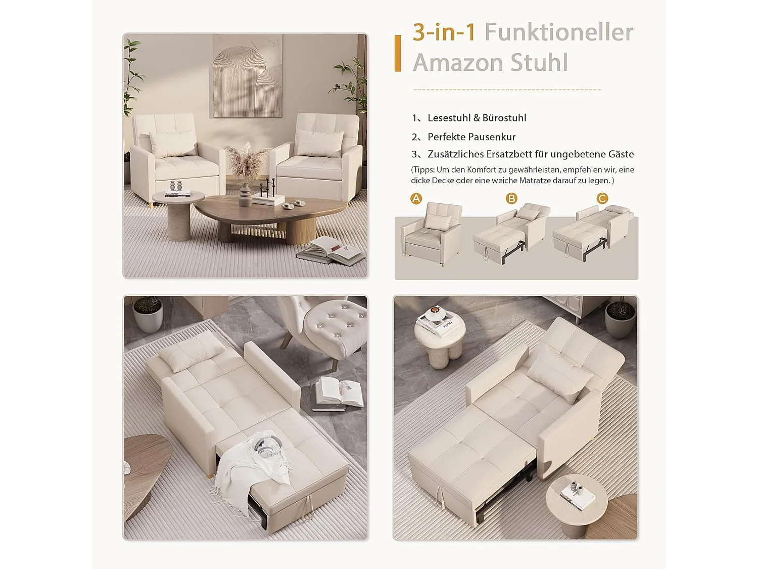 YODOLLA Einzel-Sofa, Bett, Stuhl, 3-in-1-Sessel, wandelbar, verstellbare Stühle, Bett für kleine Räume mit Seitentasche,Beige