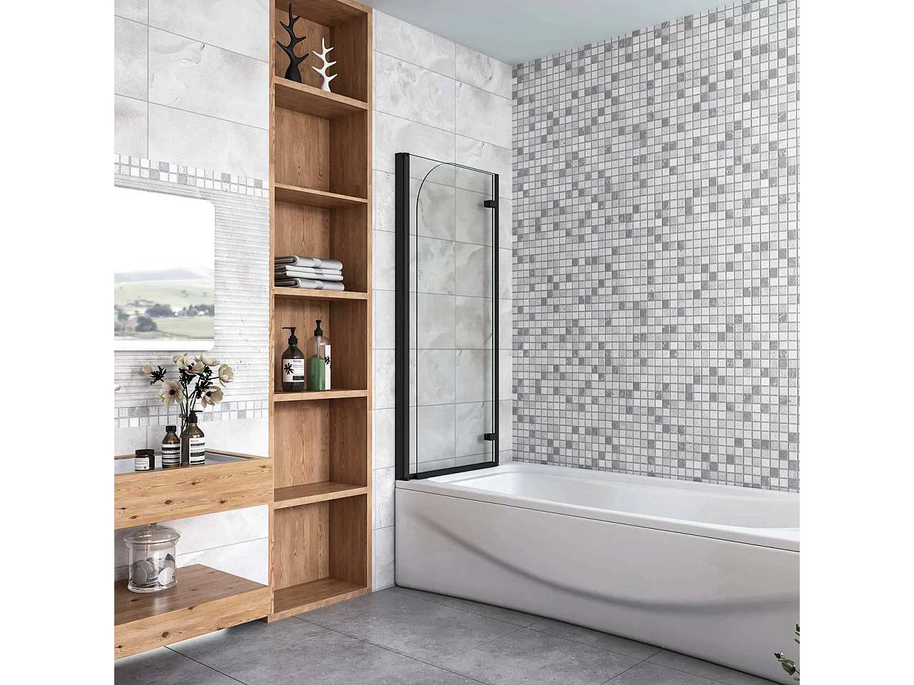 Sopravasca da Bagno Parete Vasca Doccia 120x140 cm Due Ante Movibili Vetro Temperato Trasparente 6 mm Anticalcare Telaio Nero Opaco