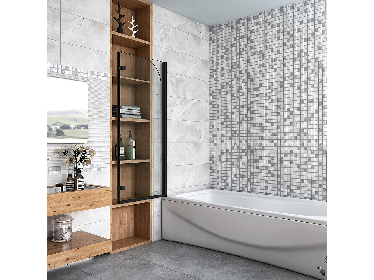 Sopravasca da Bagno Parete Vasca Doccia 120x140 cm Due Ante Movibili Vetro Temperato Trasparente 6 mm Anticalcare Telaio Nero Opaco