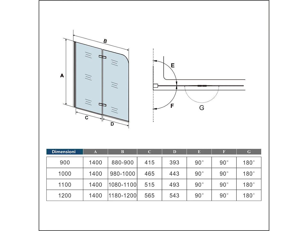Sopravasca da Bagno Parete Vasca Doccia 120x140 cm Due Ante Movibili Vetro Temperato Trasparente 6 mm Anticalcare Telaio Nero Opaco