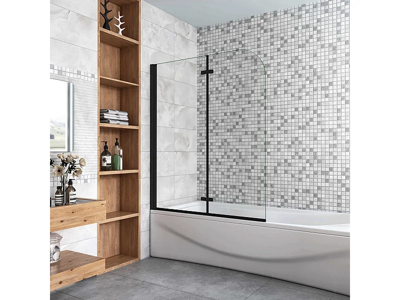 Sopravasca da Bagno Parete Vasca Doccia 120x140 cm Due Ante Movibili Vetro Temperato Trasparente 6 mm Anticalcare Telaio Nero Opaco