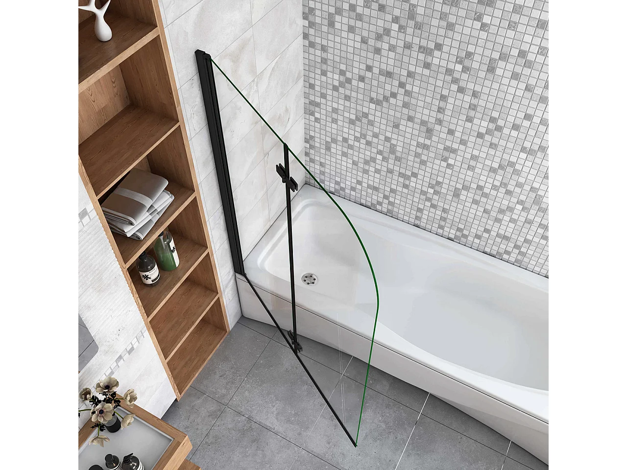 Sopravasca da Bagno Parete Vasca Doccia 100x140 cm Due Ante Movibili Vetro Temperato Trasparente 6 mm Anticalcare Telaio Nero Opaco