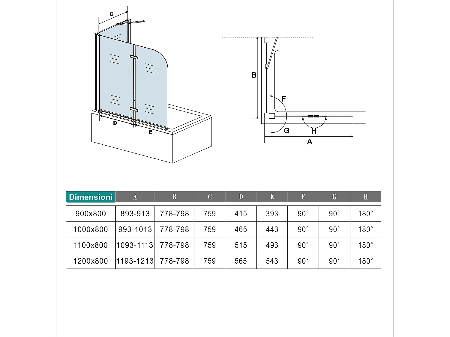 90x140cm Parete Doccia Sopravasca Angolare 2 Ante Pieghevoli con Parete Laterale 70cm Vetro Temperato 6 mm Trasparente Anticalcare Cromato Lucido