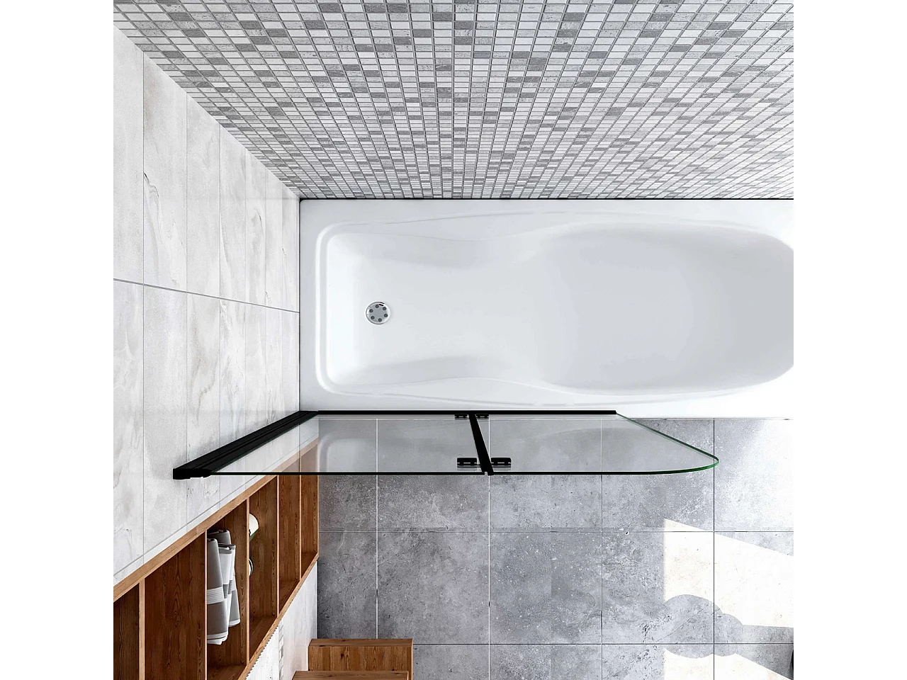 Sopravasca da Bagno Parete Vasca Doccia 110x140 cm Due Ante Movibili Vetro Temperato Trasparente 6 mm Anticalcare Telaio Nero Opaco