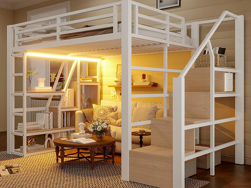 Lit mezzanine en fer 140x200 cm - Compartiments de rangement - Barrières de sécurité + échelle - lumineux LED - blanc (matelas non inclus)