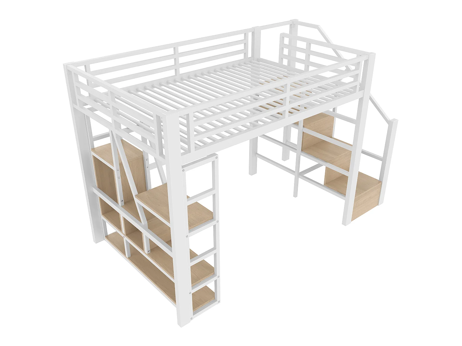 Cama beliche de ferro 140x200 cm - Compartimentos de armazenamento - Grades de segurança + escada - iluminação LED - ​​Branco​​ (colchão não incluído)