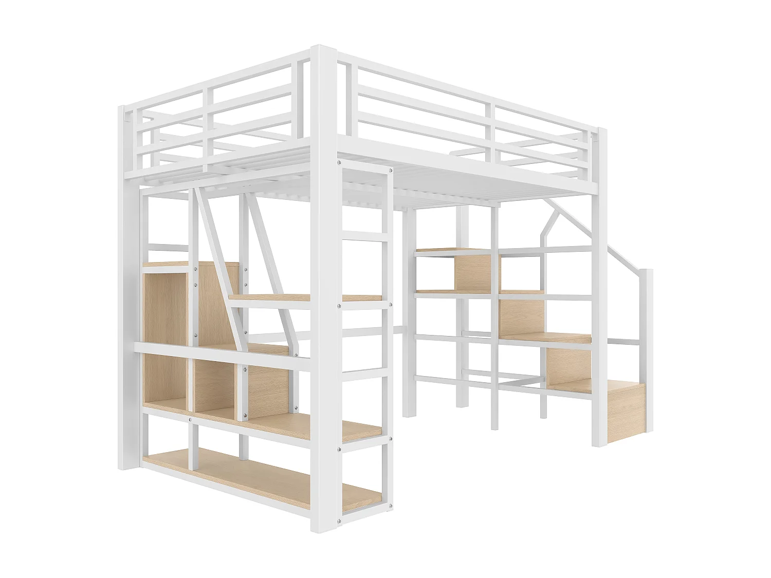 Cama beliche de ferro 140x200 cm - Compartimentos de armazenamento - Grades de segurança + escada - iluminação LED - ​​Branco​​ (colchão não incluído)