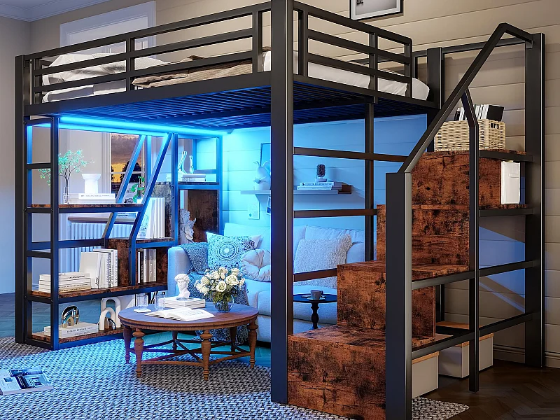 Lit mezzanine en fer 140x200 cm - Compartiments de rangement - Barrières de sécurité + échelle - lumineux LED - Noir (matelas non inclus)
