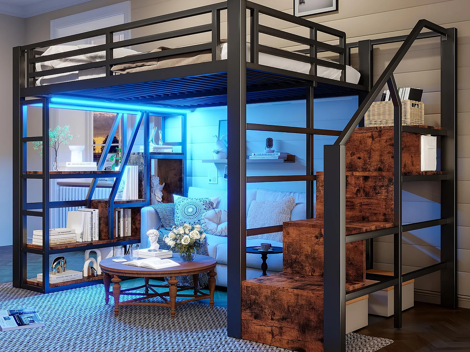 Cama beliche de ferro 140x200 cm - Compartimentos de armazenamento - Grades de segurança + escada - iluminação LED - Preto (colchão não incluído)