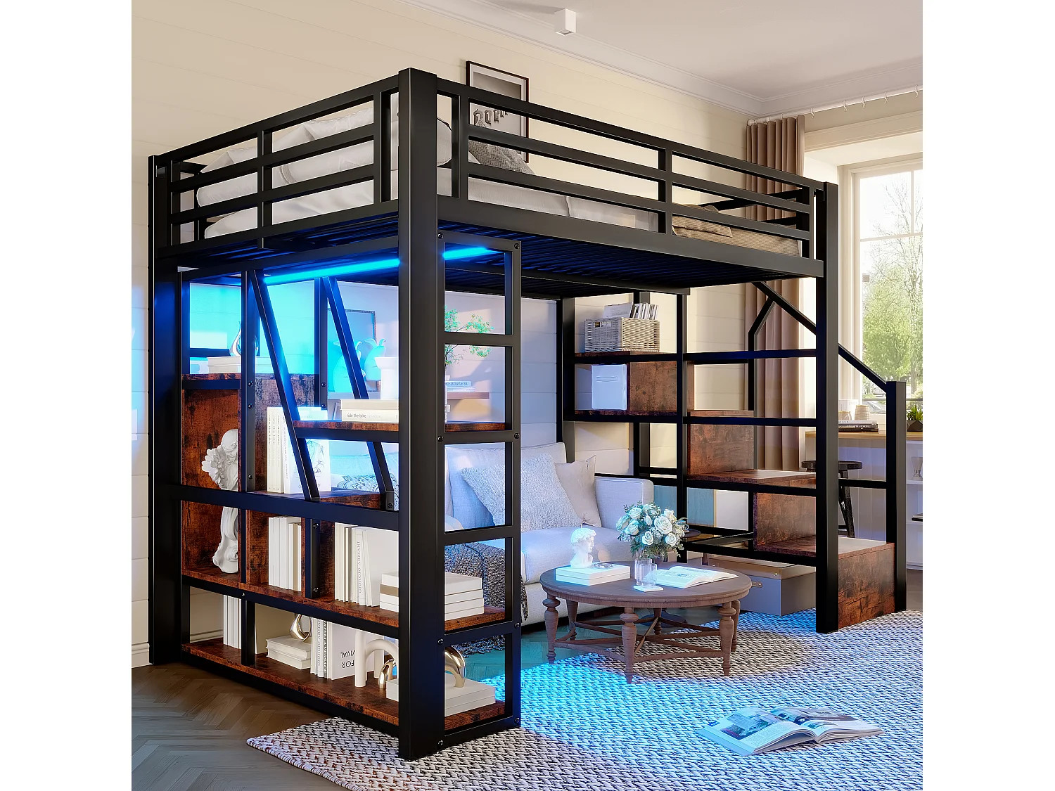 Cama beliche de ferro 140x200 cm - Compartimentos de armazenamento - Grades de segurança + escada - iluminação LED - Preto (colchão não incluído)