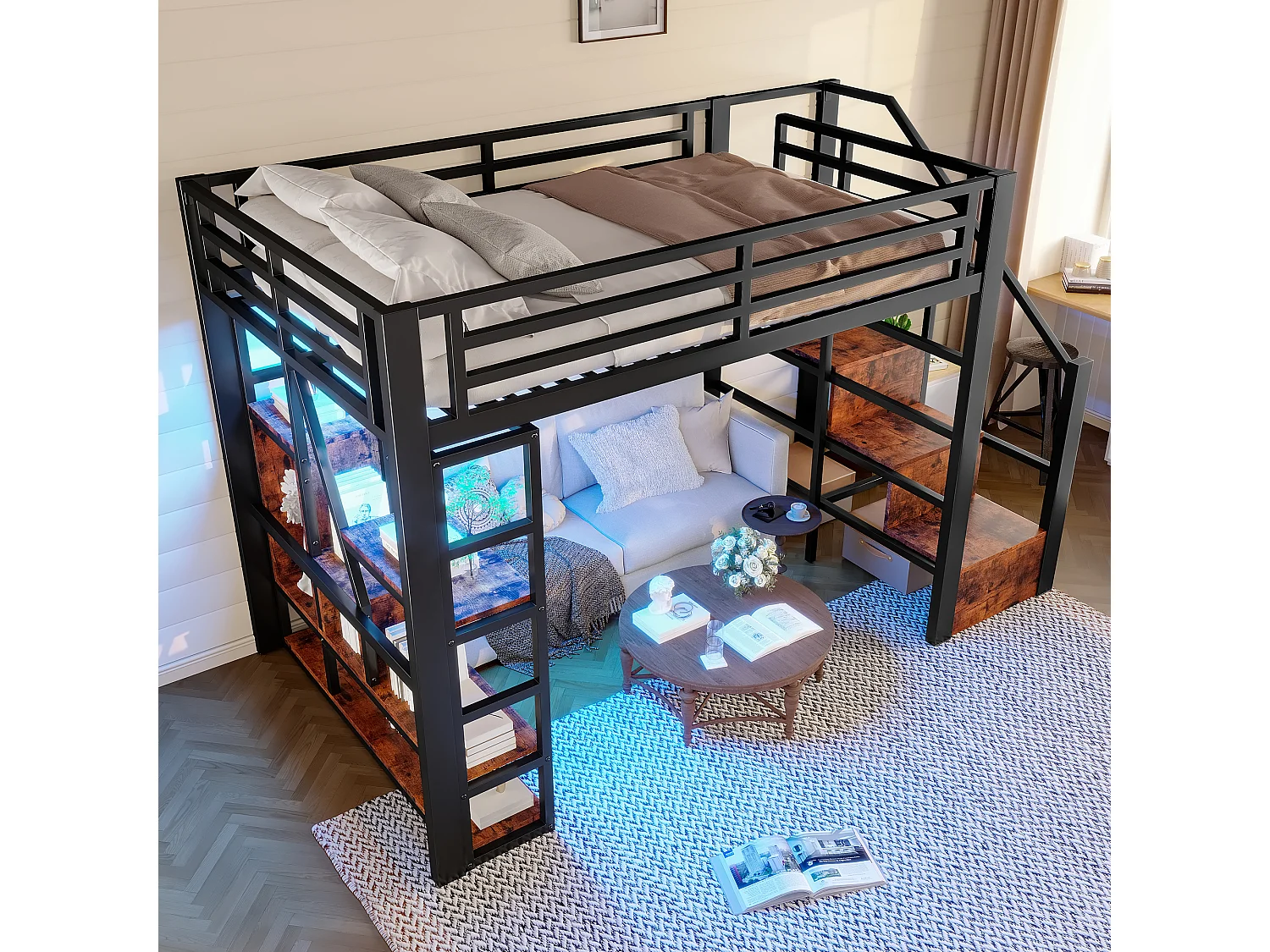 Cama beliche de ferro 140x200 cm - Compartimentos de armazenamento - Grades de segurança + escada - iluminação LED - Preto (colchão não incluído)