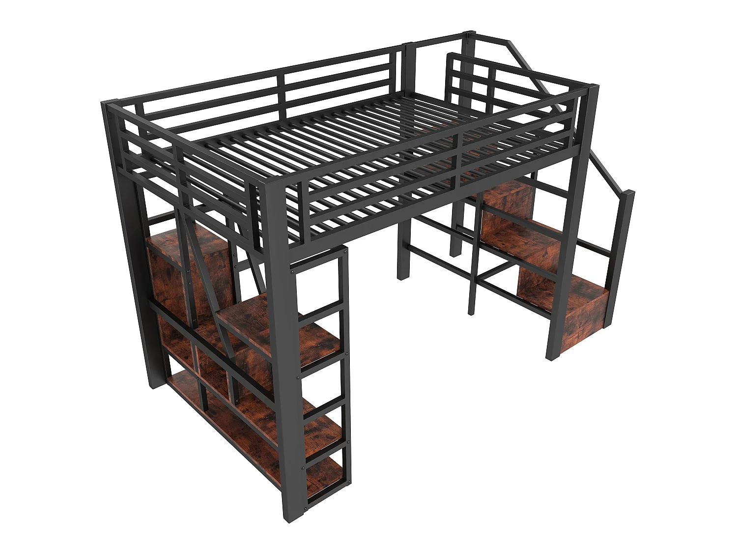 Cama beliche de ferro 140x200 cm - Compartimentos de armazenamento - Grades de segurança + escada - iluminação LED - Preto (colchão não incluído)